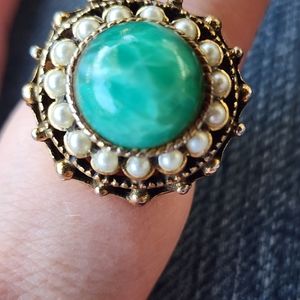 Chrysophase, seed pearl, silver and 18k gold ring